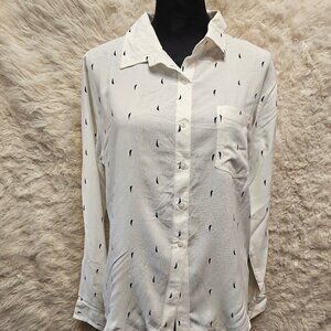Kensie Women's White Black Ligting Print Buttons Up Shirt Size: L